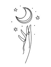 Abstract Boho Continuous Line Symbol. Hand And Crescent Moon Icon. Aesthetic Drawing For Logo, Beauty Salon, Astrology. Vector Illustration Isolated On White Background.