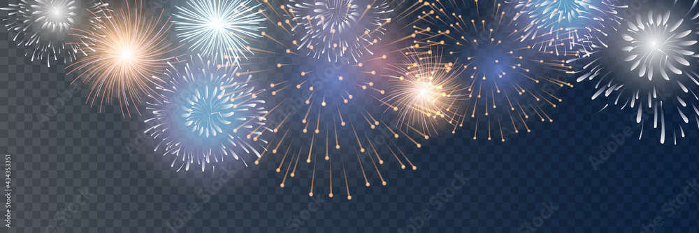 Vector Brightly Colorful Fireworks on the background of the night sky. - obrazy, fototapety, plakaty 
