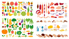 Grocery Products Elements Collection. Fruits And Vegetables Isolated Set. Different Meat, Fish And Dairy Ingredients In Cartoon Design.