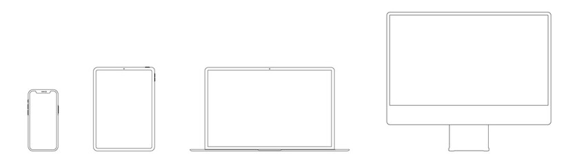 Poster - Device and gadget line art set. Laptop, smartphone, modern portable and compact personal computer machines for home and office work. Vector line art device illustration
