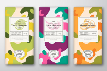 Wall Mural - Chocolate Labels Set. Abstract Vector Packaging Design Layouts Collection. Modern Typography, Hand Drawn Durian, Papaya, Dragon Fruit Sketches and Colorful Camouflage Pattern Background. Isolated