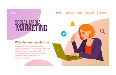 Poster - female character is sitting with laptop and working on social media marketing