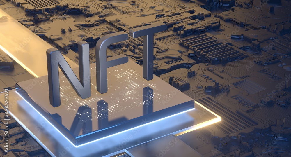 NFT non fungible tokens crypto currency art against colorful abstract background. Pay for unique collectibles in games or art. Concept illustration of NFT crypto art collectibles