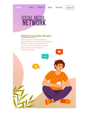 Poster - young male character is sitting with smartphone using social network