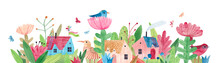 Watercolor Illustration With Cute Village Houses, Wildflowers, Herbs And Butterflies. Panoramic Horizontal Isolated Illustration. Horizontal Banner.
