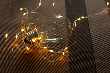 Glass Bulb With Glowing Garland With Shallow Depth Of Field. Electricity Concept