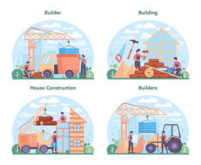 Poster - House building concept set. Workers constructing home with tools
