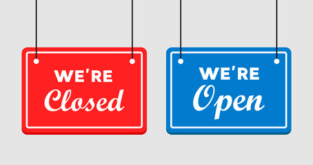 Aufkleber - Come in we're open or closed in signboard with a rope on transparent background. Vector
