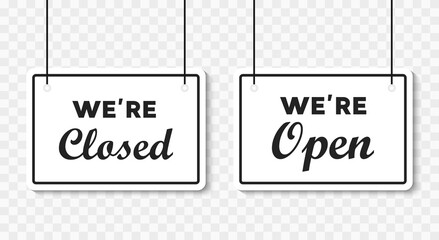 Aufkleber - Come in we're open or closed in signboard with a rope on transparent background. Vector