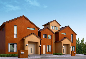 Wall Mural - Suburban street with row of house.Gable roof house.3d rendering of residential building