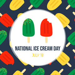 Wall Mural - National Ice Cream Day greeting card with colorful ice cream, popsicles  and seamless pattern background. July 18.
