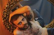 Portrait of shirtless bearded young man with tattoos on skin with golden mirror in blue background and yellow lighting 