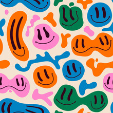 Various Colorful Melting Smiling Faces. Lava Lamp, Water Drops, Drug Trip Style. Retro Vintage Color Palette. Hand Drawn Abstract Vector Seamless Pattern. Background, Wrapping Paper