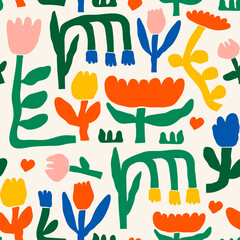 Abstract plants. Simple Various branches, Flowers and Leaves. Hand drawn colored Vector Seamless Pattern. Background. Floral design, Naive art, Infantile Style Art. Colorful trendy illustration
