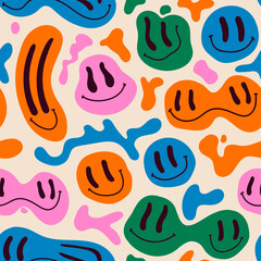 Wall Mural - various colorful melting smiling faces. lava lamp, water drops, drug trip style. retro vintage color