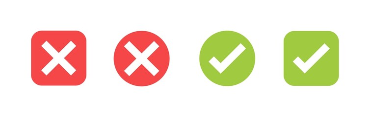 Poster - Check and cross icons with green and red colors. Approval check icon isolated on white background.