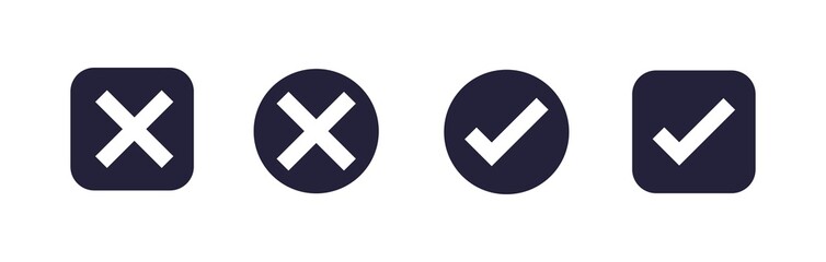 Poster - Check and cross icons with dark grey color. Approval check icon isolated on white background.
