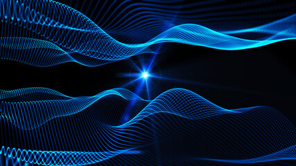 Poster - Abstract digital background. Futuristic wave of dots and weave lines. Digital technology. 3d rendering.