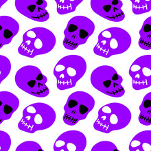 The Pattern Of The Skull. Purple Skulls On A White Background.Vector Illustration. Bright And Fashionable Design For Halloween, Day Of The Dead, Tattoos, Prints, Poster