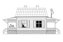 Children's coloring book a wooden house 2 window, a porch tiled roof, flowers on terrace, birdhouse on the roof of the house, a foundation of brick and natural stone. Black lines on a white background