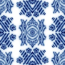 Seamless Classic Blue And White Ceramic Design. High Quality Illustration. Decorative Design Of Cobalt Blue Glaze On Porcelain For Transfer Onto Kitchen Ware Or Printing For Modern Surface Design.
