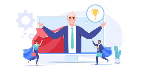 Vector cartoon flat office worker superhero character.Successful happy employee super hero controls everything from computer app screen-professional workflow,time management,web site banner concept