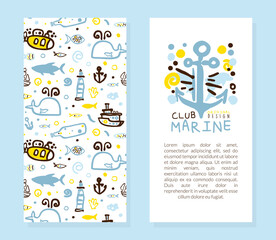 Poster - Marine Club Original Design Template, Poster, Banner, Background with Nautical Seamless Pattern and Text Vector Illustration