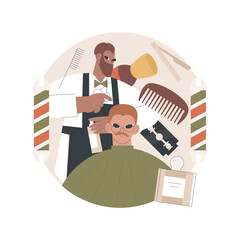 Poster - Barbershop abstract concept vector illustration. Haircut service, beard shaving, moustache trimming, mans style, hairdresser scissors, hairstylist chair, professional care abstract metaphor.