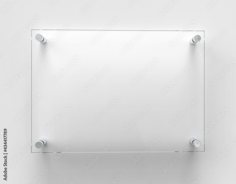 Blank A4 transparent glass office corporate Signage plate Mock Up Template, Clear Printing Board For Branding, Logo. Transparent acrylic advertising signboard mockup front view. 3D rendering - obrazy, fototapety, plakaty 
