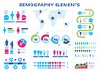 Population infographic. Men and women demographic statistics with pie charts, graphs, timelines. Demography data vector information. Gender and age percentage, world map with population