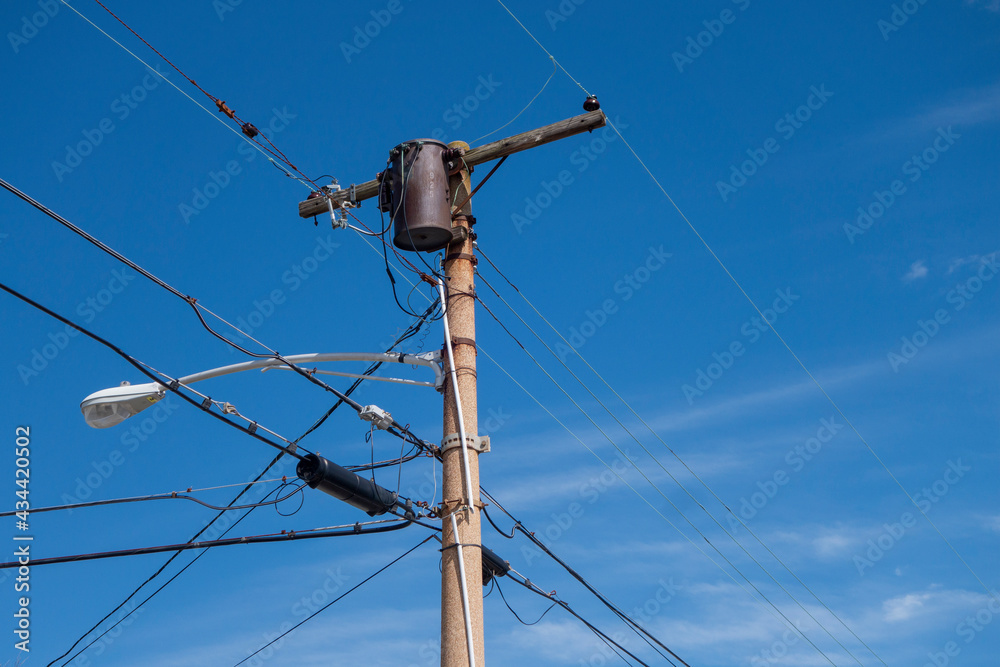 Wire Pole Power wooded pole with wires Utility supporting wires for electrical ...