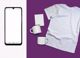 Mockup with t-shirt, two cups, a postcard and a phone. Template on a purple background for presentations, decor and design.