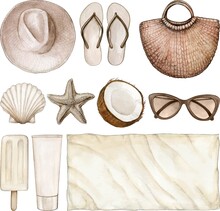 Watercolor Summer Object Icon Set Neutral Colors