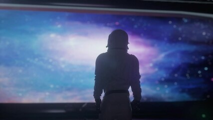 Wall Mural - alone astronaut in futuristic space corridor, room. outer space view with many different stars, plan