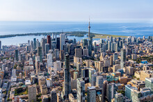 An Aerial View Of Downtown Toronto Skyline From The North Looking South Toward The Business District And The Toronto Islands.