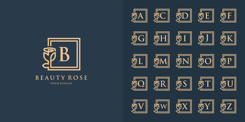 Sticker - Square beauty rose logo. collection initial letter floral ornament logo with letter b