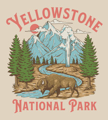 vintage yellowstone national park bison mountain geyser scene