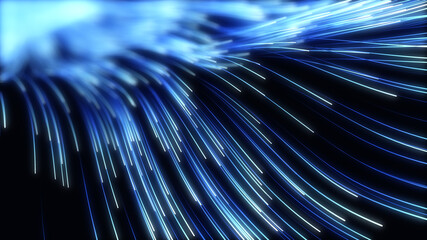 Poster - wave of high speed data particle trails. 3D illustration with depth of field blur effect. suitable for big data, technology, networl and futuristic themes.