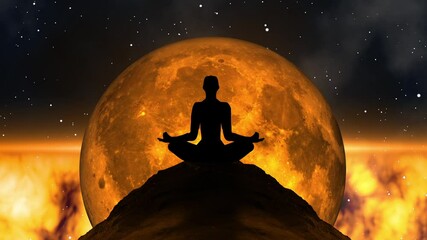 Wall Mural - Silhouette of person meditating during full moon