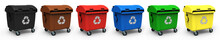 Close-up Of Multi Colored Garbage Bins Against White Background