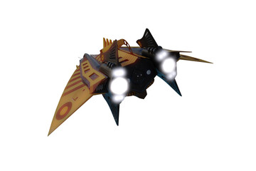 Poster - 3D rendering of a futuristic space ship flying away isolated on white.
