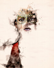 Beautiful Mysterious Woman Watercolor Illustration. Room For Copy Text. 