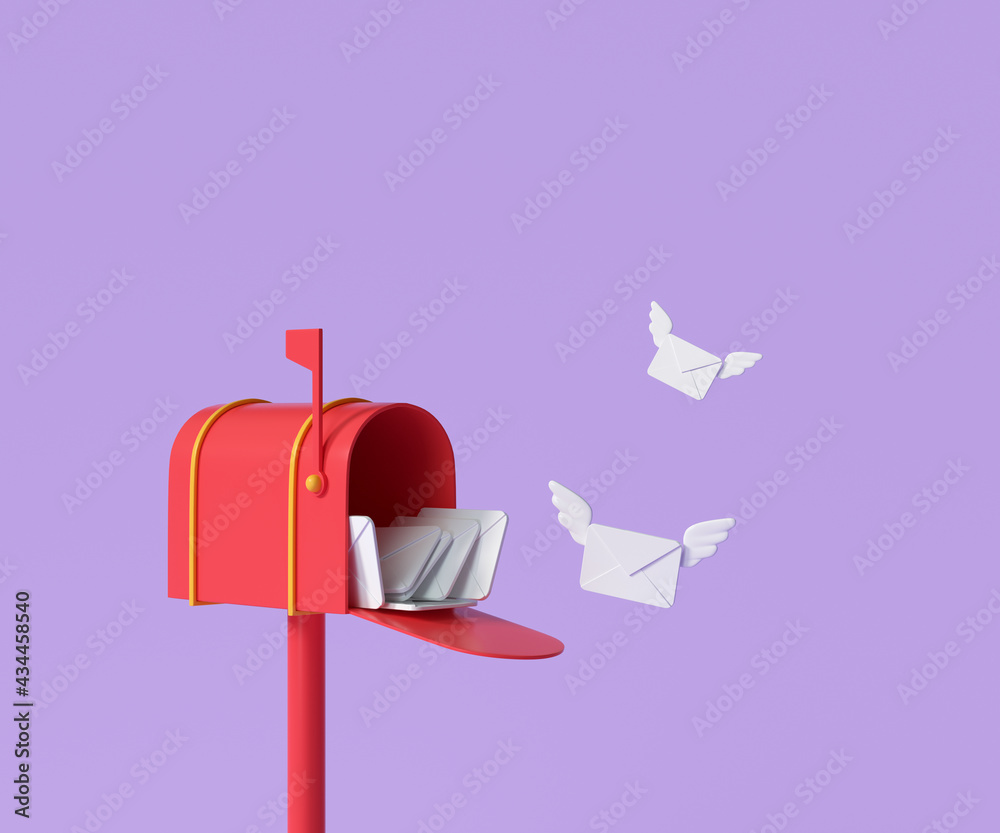 3D Red mailbox with flying envelope, mail delivery, and newsletter concept. 3d render illustration - obrazy, fototapety, plakaty 