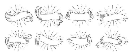 Wall Mural - ribbon with sunburst, doodle sketch cartoon set. tape blank linear collection, sun rays decorative i