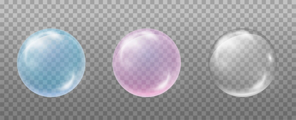 Set of soap water bubbles. Transparent, blue and pink. Design element for drinks, fizzy, cosmetics for the skin..Isolated on a transparent background.