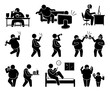 Fat man leading an unhealthy lifestyle. Vector illustrations of obese man overeating, sedentary lifestyle, inactive, drinking alcohol beer, smoking cigarette, eating unhealthy food, and sleeping late.