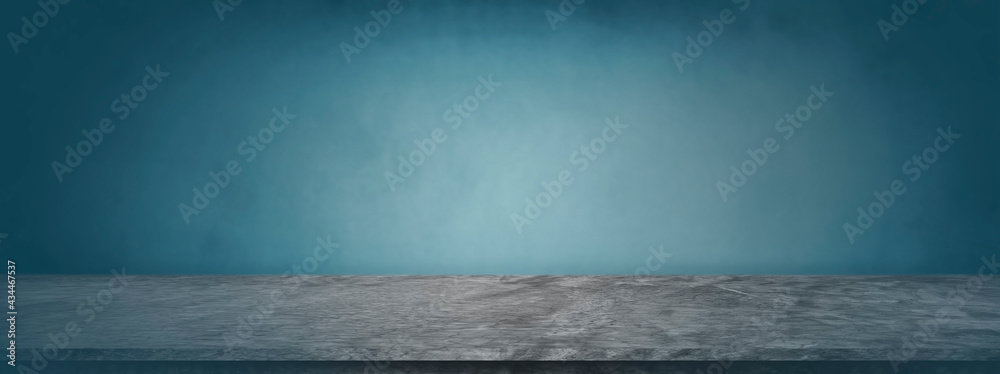 cement table for showroom and present product on dark blue wall  banner and blank concrete backdrop background - obrazy, fototapety, plakaty 