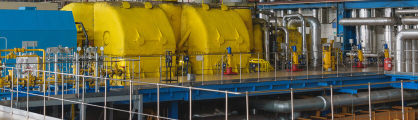 Industrial landscape. Panorama of the engine room, pipe, sensors. The concept of production, thermal station, nuclear power plant, plant.