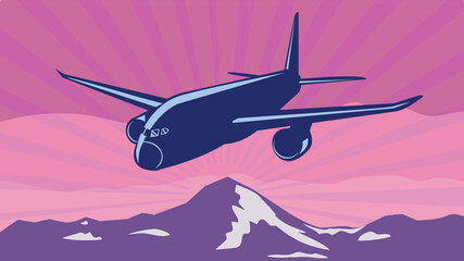 Wall Mural - WPA poster art of a jumbo jet plane or airplane flying over mountains with sunburst in background done in works project administration or federal art project style.