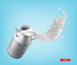 © Tatyana Sidyukova - Milk can container and milk splash on blue background. 3d vector realistic elements for milk package design.